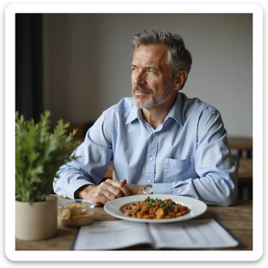realistic image of a middle-aged man following a nutritional plan for diabetes control, sitting at a table with low glycemic index dishes, nutritional plan with charts and dietitian recommendations, serene and reassuring atmosphere sticker