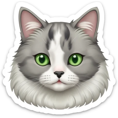 Gray and white  tuxedo cat medium hair with a a black nose and green eyes sticker
