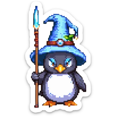 penguin wizard with a pointy hat and magic staff sticker