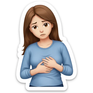 Sad women with long brown hair rubbing stomach with shirt on sticker
