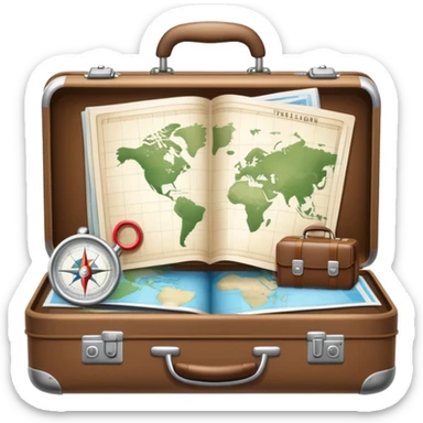 An icon featuring a suitcase, hotel building, symbolizing the scientific study of tourism and hospitality. The design includes a map, a compass, and a checklist, representing travel planning and service management. Transparent background highlights the academic exploration of the tourism industry. sticker