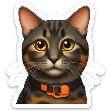 tortoiseshell cat wearing a orange collar sticker