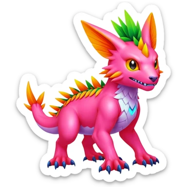 Tropical lush warm-colored neon-colored Digimon-Fionbri-creature sticker