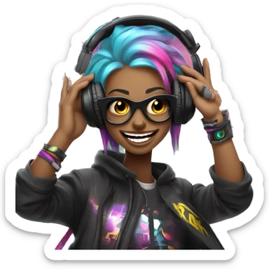 Crazy Raver Smile With headphones and make up making rock with the hands and a cyberpunk city in the background sticker
