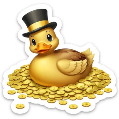 Duck character in top hat swimming in pile of gold coins and money bags sticker