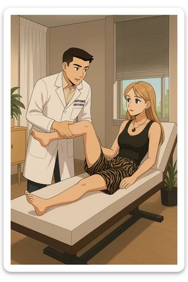 fai un webtoon/manga a colori con questo kinesiologo in camice bianco (fagli la scritta "ANTONIO ANANIA" SUL CAMICE) CHE SVOLGE UN TEST NEUROMUSCOLARE SOLLEVANDO UNA GAMBA ALLA RAGAZZA CHE è STESA SU UN LETTINO BIANCO. STANZA SEMPLICE E MODERNA, DURANTE IL TEST I DUE DIALOGANO TRA LORO. NON FARE I FUMETTI, FAI SOLO LORO COME SE DIALOGASSERO sticker