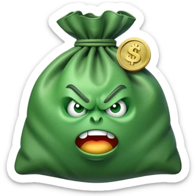 angry bag of money with dollar sign sticker