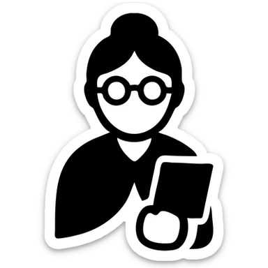 elderly librarian granny, glasses, hair bun, book in hand sticker