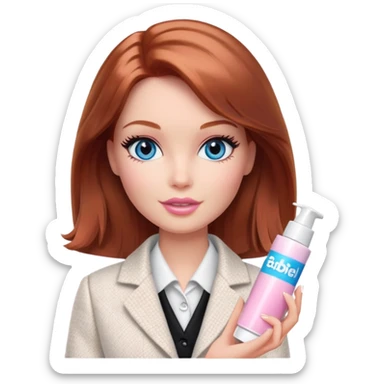 A Barbie girl with blue eyes, shoulder-length reddish-brown hair, made-up, in a white tweed jacket and black skirt, holding a tube of pale pink face cream sticker
