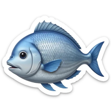 whole dorade fish, arched body, shiny silver with blue-grey top, pale belly, detailed eye, fins, tail, mouth closed, fresh look, no plate, ice, or garnish, clean 3D, soft lighting, transparent background, emoji scale sticker