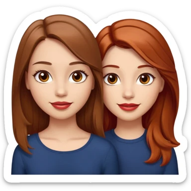 I want you to create me an emoji of two girls: one with light skin, shoulder length hair (straight and brown), brown eyes with very long eyelashes and full lips; the other girl must also have light skin, shoulder length hair (wavy and red), brown eyes and a nice smile with glossy lips sticker