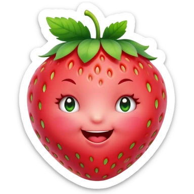 Cinematic plump happy strawberry, glossy bright red, tiny round eyes and blushing cheeks, green leafy top slightly tilted, cheerful and charming. sticker