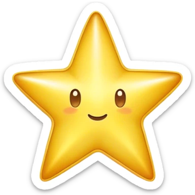 A bright, golden cartoon star with a soft glow, rounded edges, and a playful, 3D look. The style is fun, and polished, with smooth shading and a vibrant color palette sticker