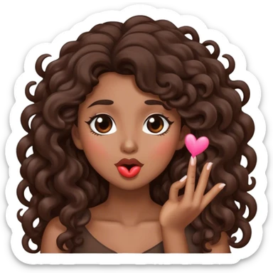 Brown woman with dark brown long curly hair blowing a kiss  sticker