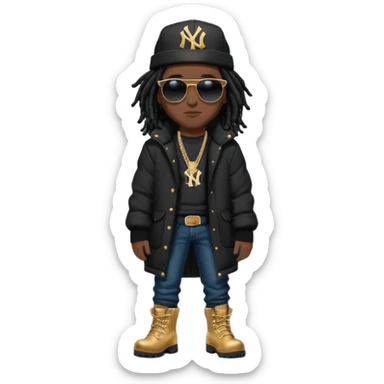African American man with shoulder length black dreadlocks and black sunglasses wearing a black New York Yankees baseball hat wearing a black bubble winter coat with denim skinny jeans and timberland boots wearing a crown sticker