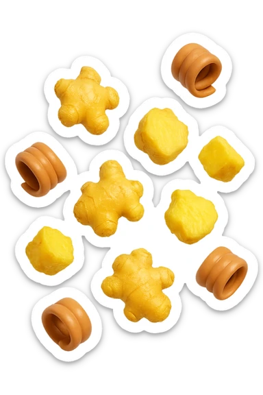 emoji stile iphone 3d di piccoli pezzi di zenzero che fluttuano in aria con pezzi di colon arrotolati intorno, iperrealistico 4k sticker