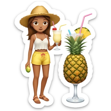 Full body of a very tan skinned girl with brown hair wearing a summer outfit sipping a piña colada sticker