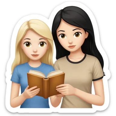 beautiful white girl with black hair in beige t-shirt and beautiful blonde girl with long hair in beige t-shirt reading beautiful vintage book sticker