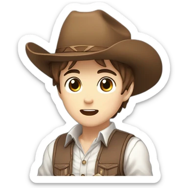 Young male cowboy with brown hair and brown eyes, wearing a white shirt with a blue vest and a brown cowboy hat, anime chibi style, surprised, mouth open sticker