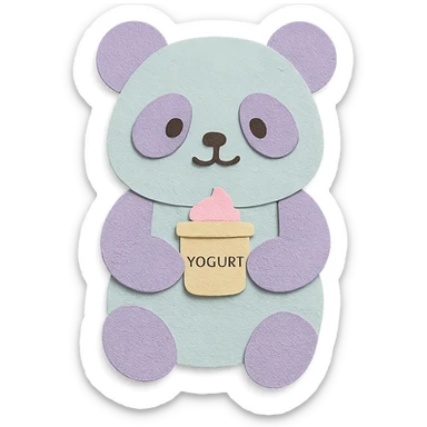 pastel-colored yogurt maker panda holding a tiny yogurt cup, full-body sticker