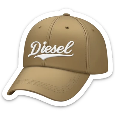 Dark khaki Diesel cap with white cursive 'Diesel' script writing and Diesel logo underneath, no person, isolated baseball cap sticker