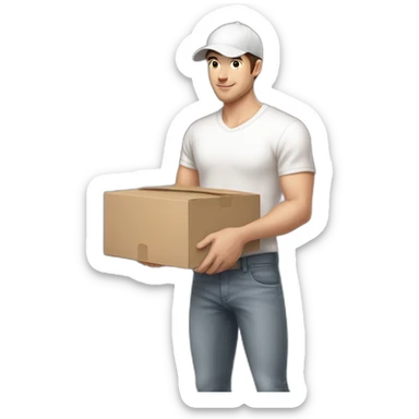 Pale skinned fit Man with dark brown hair in a white cap, gray jeans and beige polo T-shirt keeping a pasted box into his hands sticker