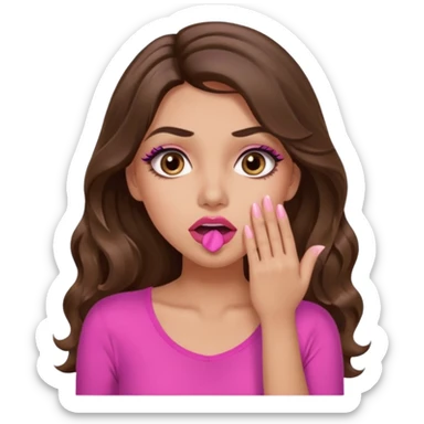 girl with long wavy brown hair, brown eyes, long lashes makeup, sexy pink lips, light to medium complexion, pink sexy top, shocked, hand covering mouth sticker