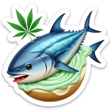 bluefin tuna in a gelato with cannabis leaf sticker