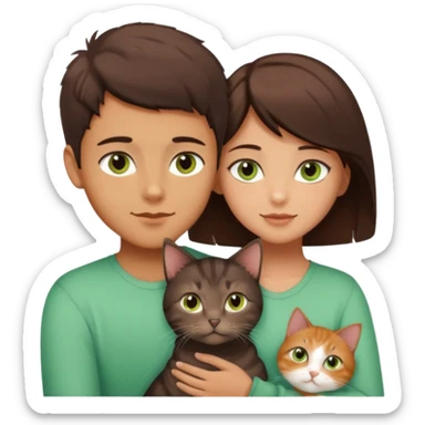 Crea un emoji donde salga un chico moreno con los ojos claros, una chica morena con los ojos marrones y un gato europeo comun de pelaje oscuro y ojos verde claro, quiero que se esten abrazando y el gato este en el medio de los dos sticker