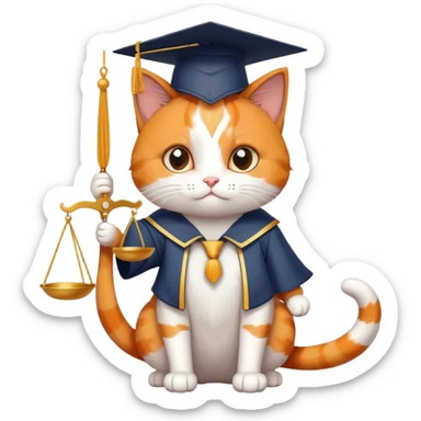 cat wearing a graduation cap, holding the scales of justice up with its tail sticker