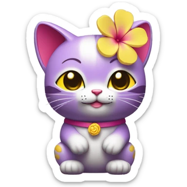 Purple maneki neko in a yellow T-shirt with a pink flower on his head sticker