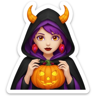 female-succubus-emoji,-red-skin,-purple-eyes,-elegant-face,-pumpkin-wreath-on-head,-black-hooded-cloak-with-cobweb-details,-holding-small-glowing-pumpkin-lantern,-halloween-fantasy sticker
