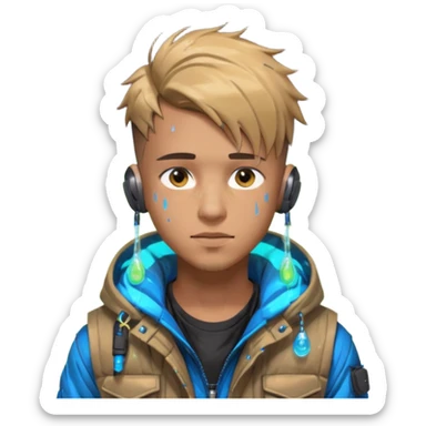 Cyberpunk street young adult, male, messy undercut, puffer vest over hoodie, glowing earpiece, light stubble, brown eyes, neon reflections, raindrops, dark background. sticker