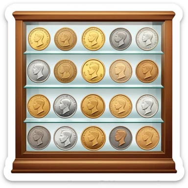 Icon for Coin Collecting: a collection of different vintage and modern coins of various forms, neatly arranged in a display case or on a table. The icon should highlight the diversity and historical value of coin collecting. Transparent background. sticker