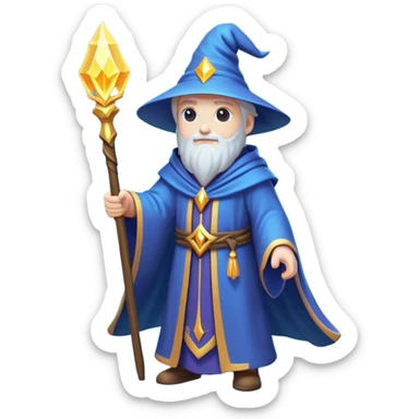 Clash of Clans aesthetic: Cinematic heroic powerful Wizard Hero Emoji, rendered in a 3D vector-style similar to standard emojis with minimal shading and bold, simplified shapes. A compact, isometric figure draped in flowing enchanted robes and wielding a mystical staff, softly glowing with an arcane magical charm. Simplified yet unmistakably iconic, highly detailed and consistent, glowing with a soft radiant glow and high shine. Stylized with a touch of whimsical sorcery and a soft glowing outline, capturing the essence of a powerful wizard ready to cast spells with a friendly, playful spirit! sticker