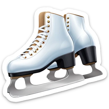 An icon showing elegant figure skates in close-up on a glossy ice surface, with a graceful skater performing in the background. The scene is set inside a grand indoor ice arena with spotlights, decorative banners, and a cheering audience. Transparent background. sticker