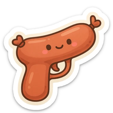 a sausage shaped like a pistol, playful and cartoonish, cute and whimsical style sticker