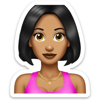 Tanned woman with long black hair, dressed in y2k Paris Hilton hair, makeup, and neon attire sticker