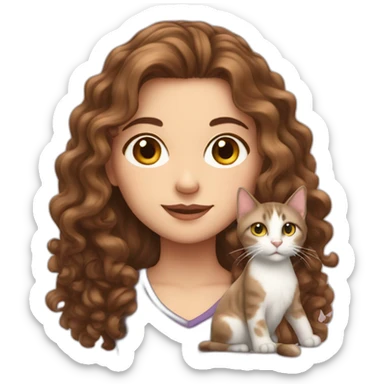 White Girl with long curly brown hair with a cat sticker