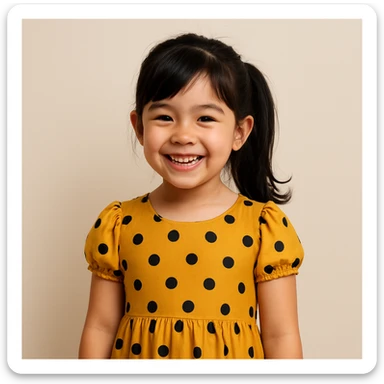 girl wearing a dress, black hair styled in a ponytail, cheerful, plain background sticker