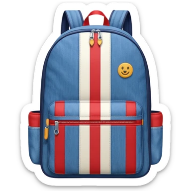  blue denim backpack with red, white, and navy stripes, similar to a Tommy Jeans design. Minimalistic, cartoon-like, front-facing."
 sticker