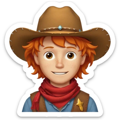 a wavy orange hair boy wearing a cowboy hat with a mischievous grin and freckles with western red scarf on his neck sticker