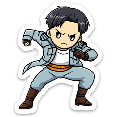 Levi Ackerman from Attack on Titan in battle stance with ODM gear, black undercut hair, serious expression sticker