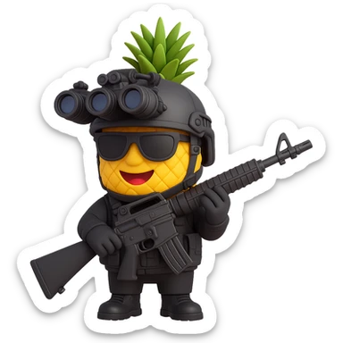 Make the pineapple wear special forces gear including a tactical helmet with night vision goggles, a black tactical vest, and gloves. The background should be transparent with no background. sticker