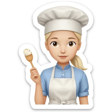 Young female pastry chef - ponytail, apron, wearing a white hat, holding a cream piping bag sticker