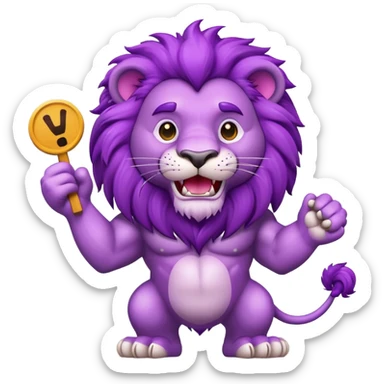 Purple lion holding a sing looking happy sticker