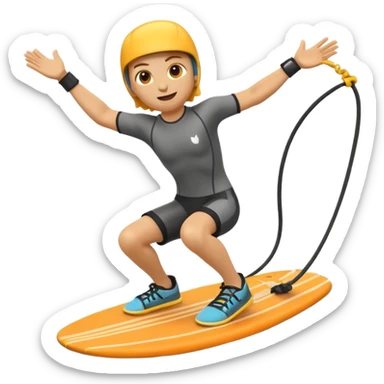 "Apple 3D emoji-style character wakeboarding mid-jump, with arms extended holding an orange rope, legs slightly bent on a yellow board. Stylized water splash behind. Emoji face, rounded body, bright and clean Apple shading." sticker
