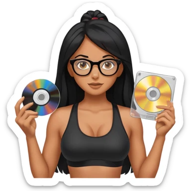 glasses, long black hair tanned woman, black sports bra, sexy, hot, data analysis, holding a cd   sticker
