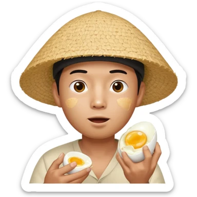 Asian guy with a rice hat eating an egg sticker