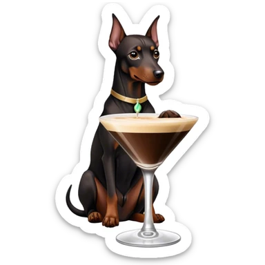 Black Miniature Doberman with cropped ears, sitting in espresso martini sticker